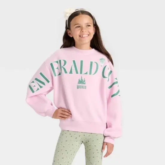 Girls' Wicked Emerald City Fleece Crewneck Graphic Sweatshirt - Light Pink image {4}