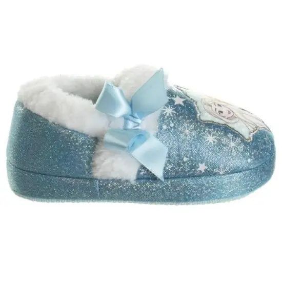 Disney Frozen Girl Slippers - Elsa and Anna Plush Lightweight Warm Comfort Soft Aline House Shoes - Blue ribbon (sizes 5-12 Toddler-Little Kid) image {3}