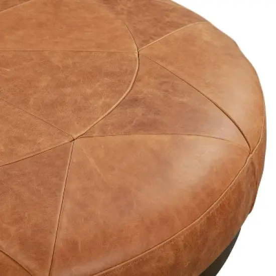 Poly & Bark Gio Italian Leather Ottoman Cognac Tan: Upholstered Padded Seat, Wood Frame, Oval Shape, 17" Height image {8}