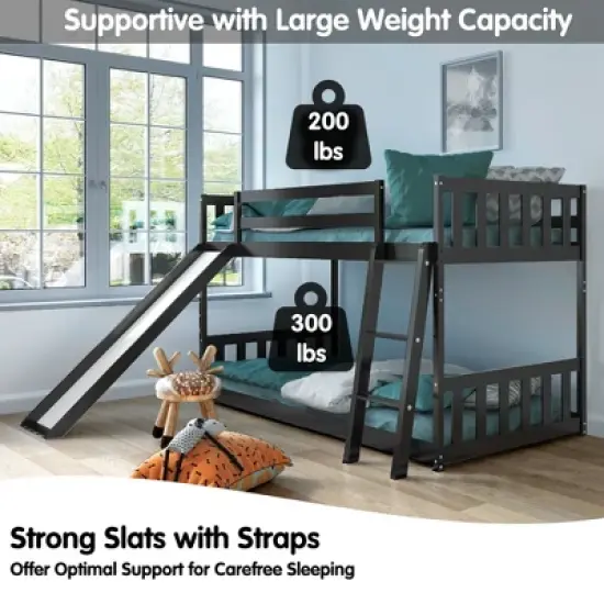 Costway Twin over Twin Bunk Wooden Low Bed with Slide Ladder for Kids image {6}