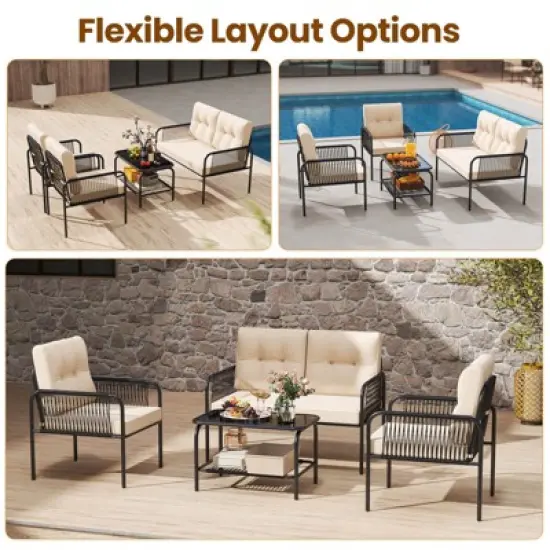 Costway 4 PCS Patio Furniture Set with Loveseat Tempered Glass Coffee Table & Soft Cushions image {8}