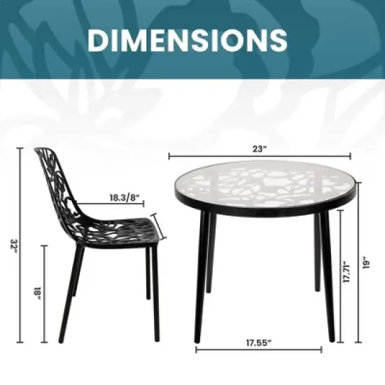 LeisureMod Devon 3-Piece Aluminum Outdoor Patio Dining Set with Tempered Glass Top Table and 2 Stackable Flower Design Chairs image {5}