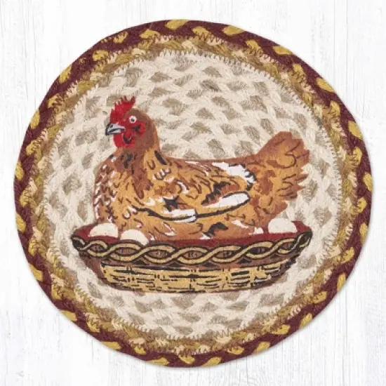 Earth Rugs Hen on Nest Round Trivet &ndash; 10" Printed Farmhouse Design on Braided Natural Jute image {3}