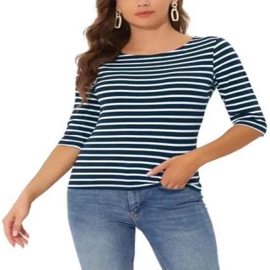 Allegra K Women's Elbow Sleeves Casual Basic Boat Neck Slim Fit T-Shirts image {20}