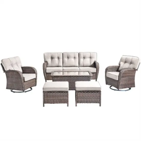 Gymojoy 6 Pieces Sofa Table Ottoman with Swivel Chairs image {2}