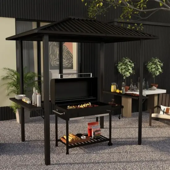 Outsunny 6' x 8' Hardtop BBQ Gazebo, Grill Gazebo with Metal Roof, Aluminum Frame and 2 Side Shelves image {2}