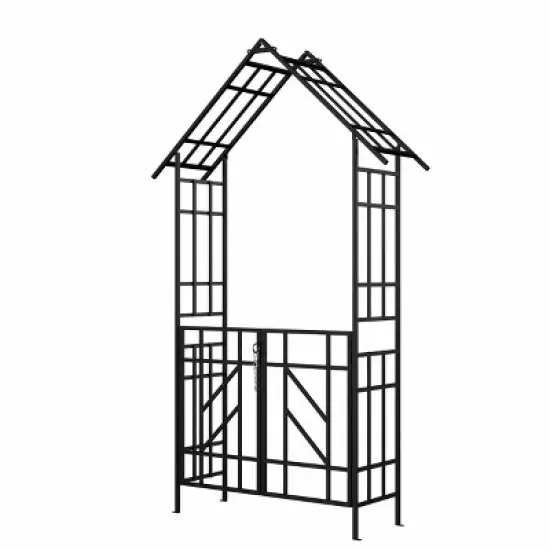 Lirago Black Metal Garden Arch-Galvanized Iron Trellis Rose Arch Outdoor Garden Decor with Gate Design 16.92"Dx97.24"Hx58.07"W image {5}