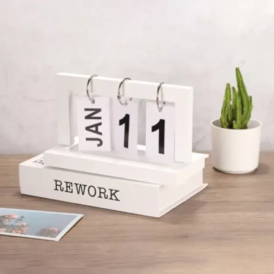 Unique Bargains Desktop Decoration Turn Page Flip Vintage Wood Perpetual Calendar image {3}