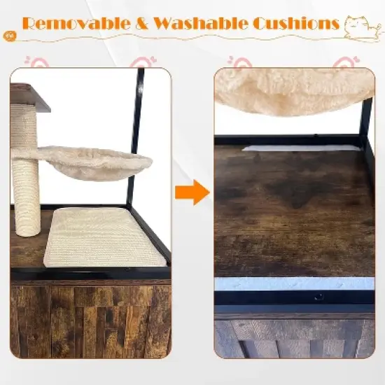 Litter Box Cabinet, Cat Tree with Litter Box Enclosure, Wooden Metal Frame Hidden Cat Washroom on Wheels with Hammock, Scratching Mat & Post image {5}