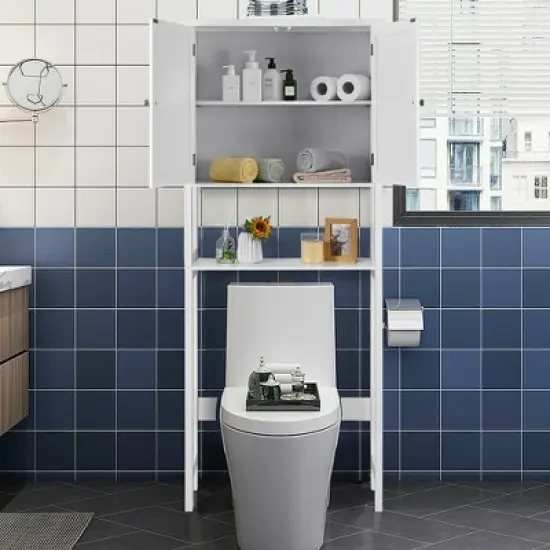 Costway Over The Toilet Storage Cabinet Double Door Bathroom Organizer Adjustable Shelf image {1}