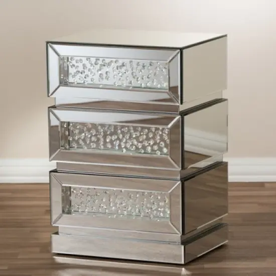Sabrina Hollywood Regency Glamour Style Mirrored 3 - Drawer Nightstand - Baxton Studio image {6}