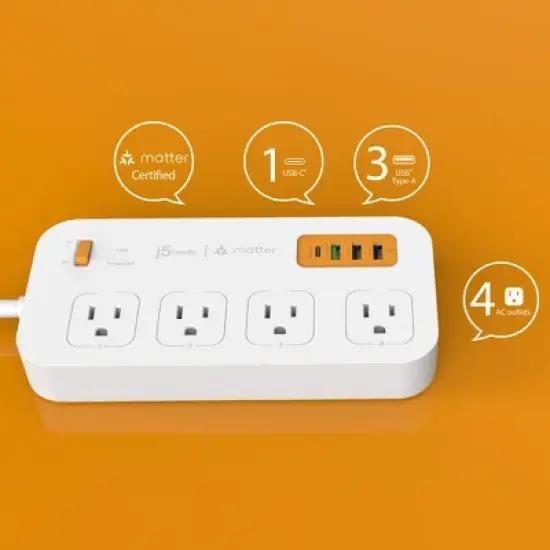 j5create Matter Enabled Smart Plug Power Strip With 4-Outlets and 4 USB Ports, JSPAC4430 image {3}