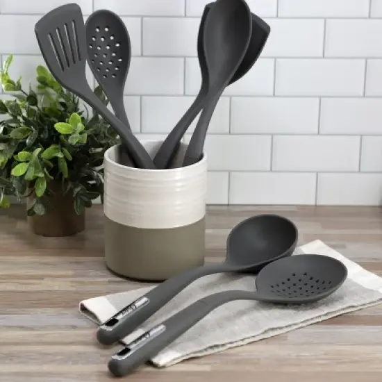 Oster Ridgecrest 2 Piece Silicone Kitchen Tool Skimmer and Ladle Set in Gray image {4}