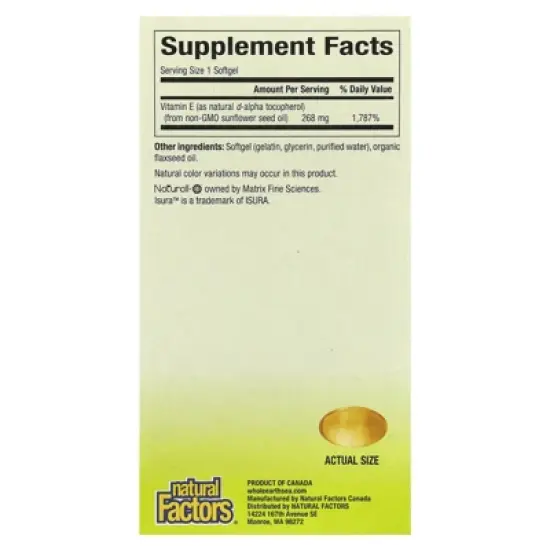 Natural Factors Whole Earth & Sea&reg;, Pure Food, Sunflower Vitamin E, 268 mg, 90 Softgels image {1}