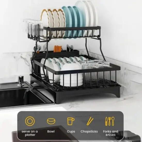 DOMETOUR 2 Tier Dish Drying Rack for Kitchen Counter, Black Metal Dish Drainer with Drainage System, Large Capacity, Space Saving & Rust-Resistant image {3}