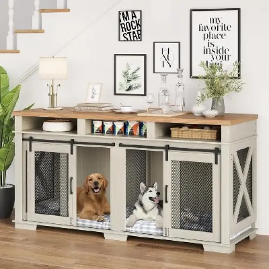 COZONY 71 Inch Dog Crate Furniture for 2 Dogs with Sliding Barn Door TV Stand Kennel 3 Storage Compartments, White image {8}