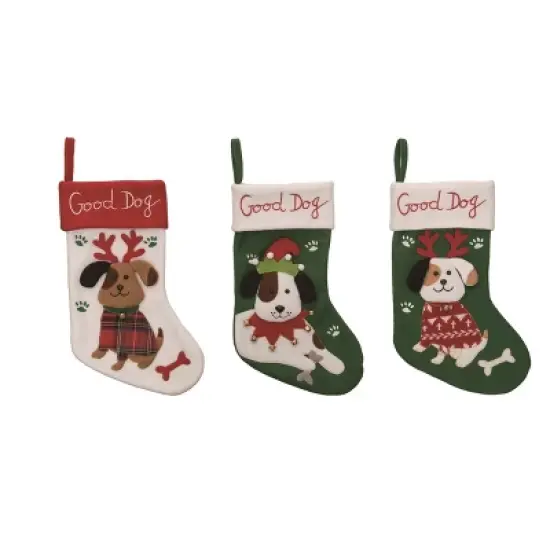 Transpac Good Dog Christmas Stocking Set of 3 Holiday Home Decorations Polyester Fabric image {1}