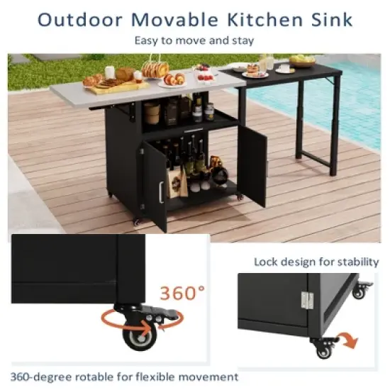 Patio Storage Cabinet, Outdoor Steel Kitchen Islands Serving Carts with Folding & Expandable Work Surfaces, Lockable Wheels, Matte Black -ModernLuxe image {4}