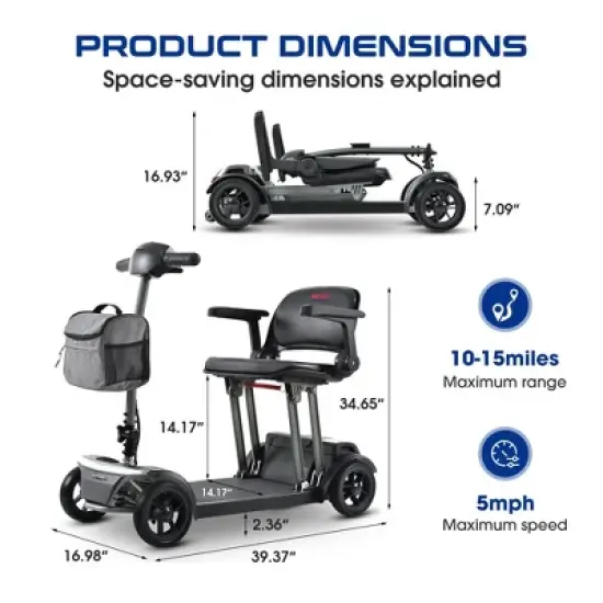 Scooters for Adults 4 Wheel Powered Mobility Scooters Lightweight Folding Electric Bike for Seniors 265 lbs Capacity Bicycle USB Charger Port Black image {2}