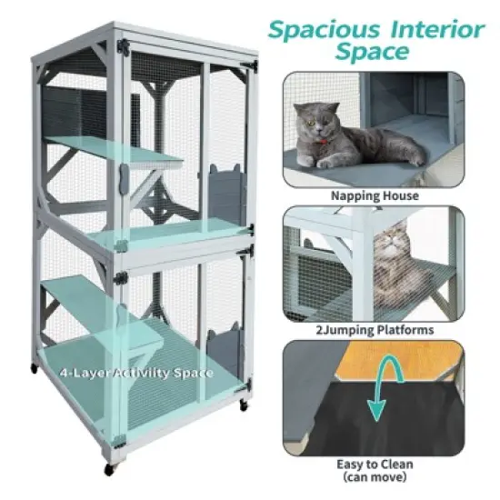 LOVMOR Wooden Catio Outdoo Cat Enclosure on Wheels, Kitty Condo Cage Shelter Playpen w/ Sliding Doors, Platforms & Weatherproof Asphalt Roof image {3}