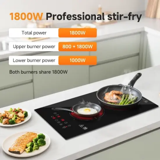 Induction Cooktop with 2 burner 800-1800W, 9 power Dual Hob with Child Lock, Timer, Pause Function, Residual Heat Indicator, Sensor Touch Control image {4}