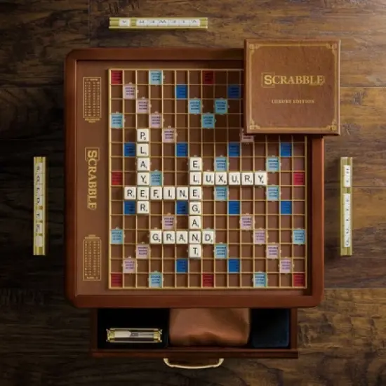 WS Game Company Scrabble Luxury Edition Board Game with Rotating Wooden Game Board image {4}