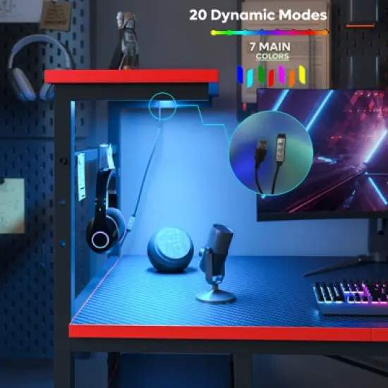 Bestier Reversible 63 inch Gaming Desk, LED Computer Desk with  Storage Bag & 4 Tier Shelves, Black image {2}