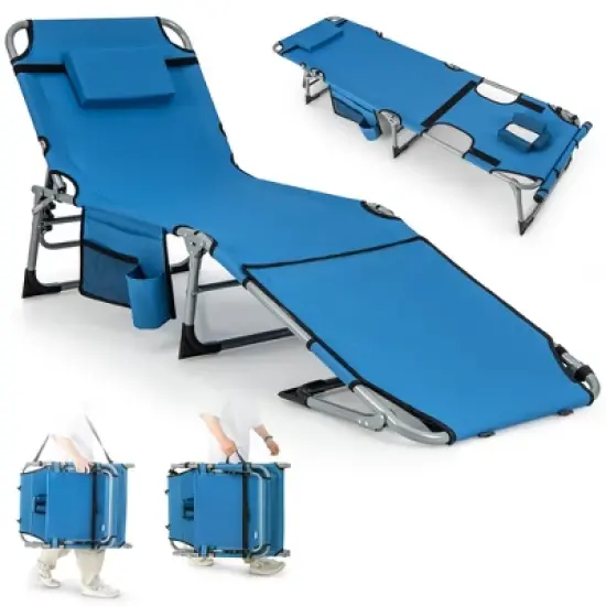 Costway Outdoor Folding Chaise 5-Position Lounge Chair with Face Hole &Adjustable Footrest Blue/Black/Beige/Navy Blue image {10}