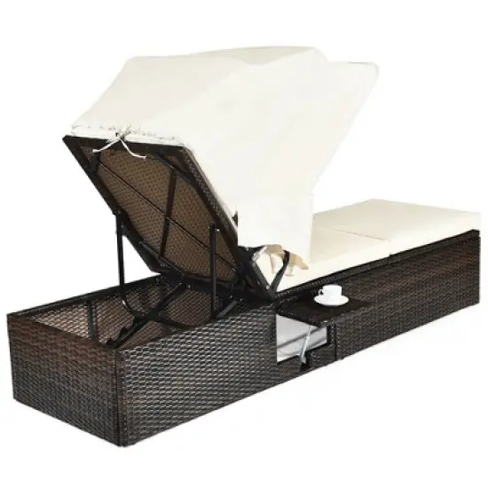 Costway Patio Rattan Lounge Chair Chaise Cushioned Top Canopy Adjustable White image {9}