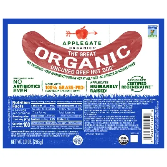 Applegate Grassfed The Great Organic Uncured Beef Hot Dog - 10oz image {4}