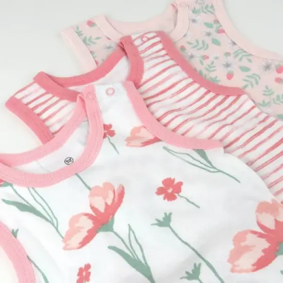 Honest Baby 3pk Sleeveless Ruffle Floral Bodysuit - Pink 3-6M image {2}