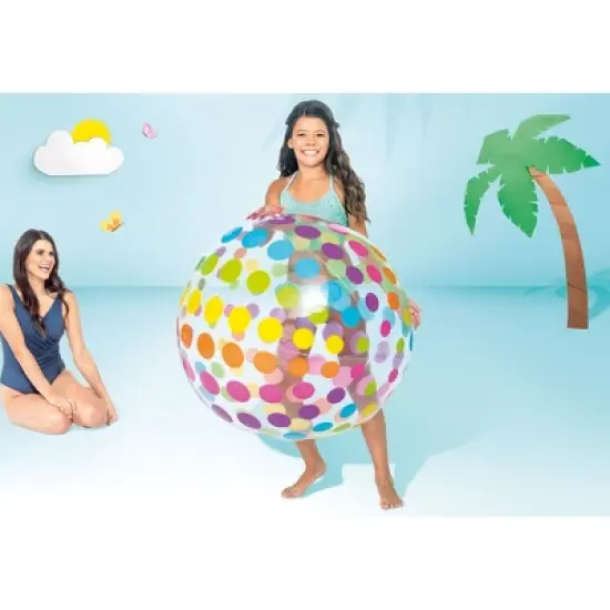 Intex Jumbo Inflatable Glossy Colorful Transparent PVC Giant Beach Ball w/Repair Patch in Polka-Dot or Rainbow Stripes for Ages 3 & Up, Color Varies image {2}