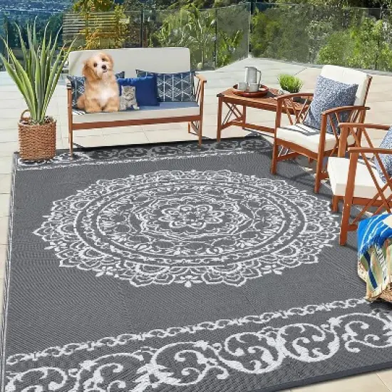 Waterproof Outdoor Rug - Reversible Plastic Straw w/ Leaf Pattern - For Patio, Deck, RV, Camping image {8}