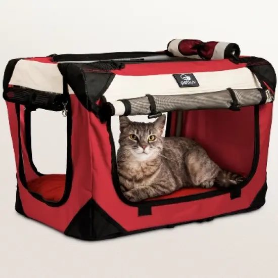 PetLuv Cat & Dog Carrier Foldable Pet Travel Crate, Removable Plush Pillow, Privacy Windows, Locking Zippers, Pocket, Seatbelt Straps image {12}