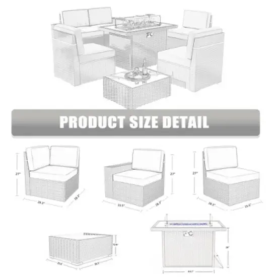 LayinSun 7 Pieces Outdoor Patio Furniture Set with 44" Fire Pit Table Rattan Sectional Sofa Conversation Sets image {6}