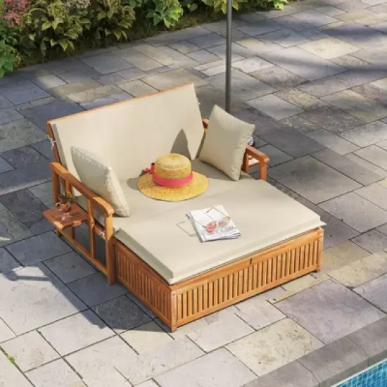 Costway Outdoor Wooden Daybed with 4-Level Backrest & Removable Cushions for Poolside image {10}