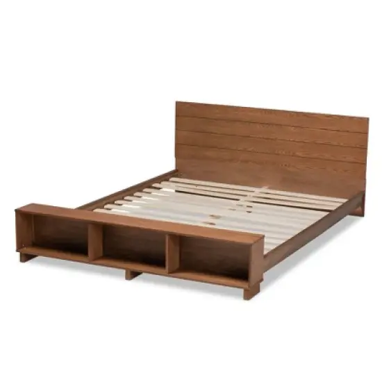 Regina Wood Platform Storage Bed with Built-In Shelves Ash Walnut - Baxton Studio image {2}