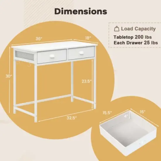 Costway Space Saving Home Computer Desk with 2 Fabric Drawers 4 Hanging Hooks & Metal Frame Brown/White image {2}