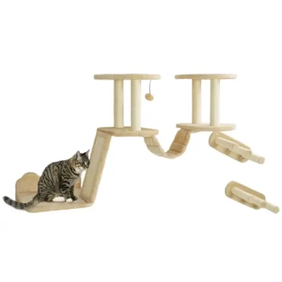 PawHut Cat Wall Shelves, 3pc Cat Wall Furniture w/ Scratching Post, Perches, Ladder, Steps & Scratching Board, Ceiling & Wall Mounted Cat Shelves image {6}