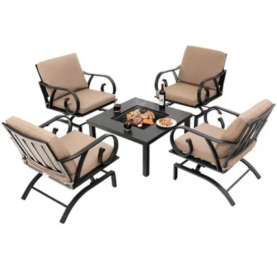 Tangkula 5PCS Cushioned Patio Dining Set Heavy-Duty Rocking Chairs with 4-in-1 Fire Pit Table image {5}