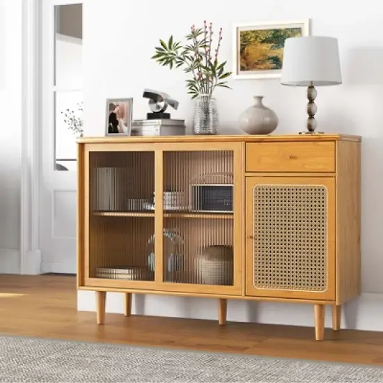 Costway Buffet Sideboard Cabinet Rattan Console Table with Sliding Doors Storage Drawer image {1}
