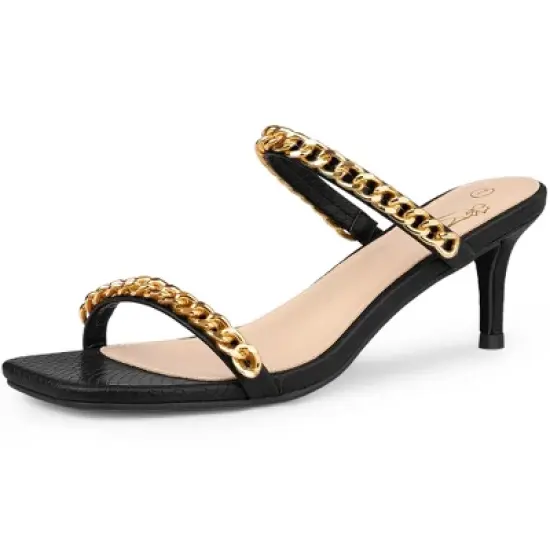 Perphy Snakeskin Printed Square Toe Chain Stiletto Heels Slide Sandals for Women image {6}