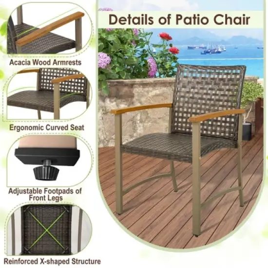 Costway Set of 4 Patio Dining Chairs Outdoor Wicker Armchairs with Acacia Wood Armrests image {7}