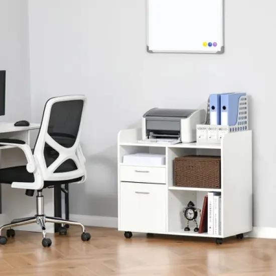 Vinsetto Filing Cabinet Printer Stand Mobile Lateral File Cabinet with 2 Drawers, 3 Open Storage Shelves for Home Office Organization, White image {2}