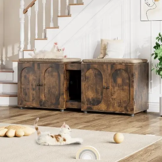 55.1" Double Cat Litter Box Enclosure with Rattan Doors - Hidden Cabinet for 2 Cats, Odor Control & Litter Mat image {5}