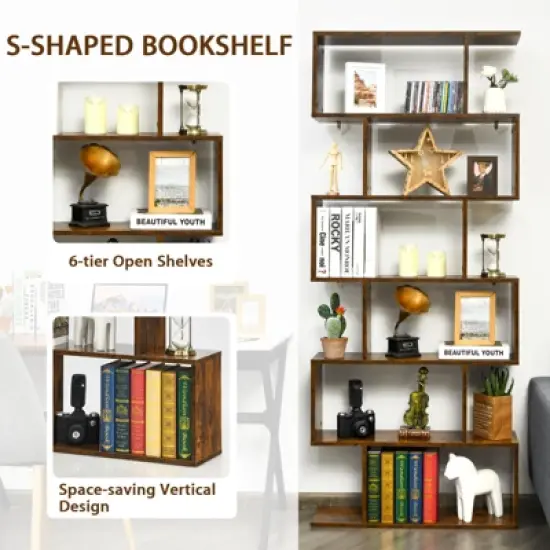 Tangkula 6-Tier S-Shaped Wooden Bookshelf Storage Bookcase Multifunctional  Display Stand Shelf image {3}
