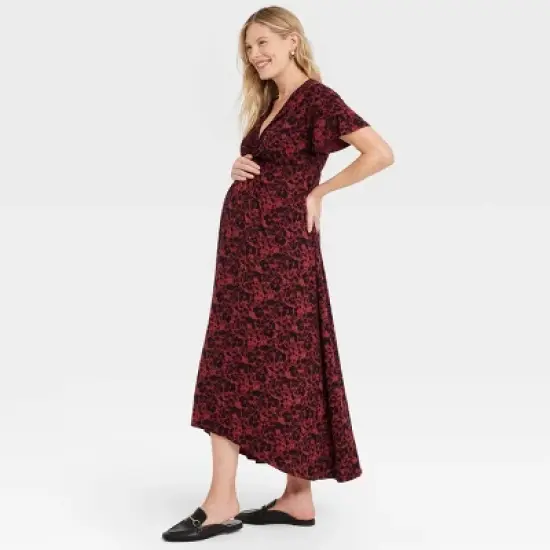 Short Sleeve Knit Midi Maternity Dress - Isabel Maternity by Ingrid & Isabel&trade; Black Floral image {2}