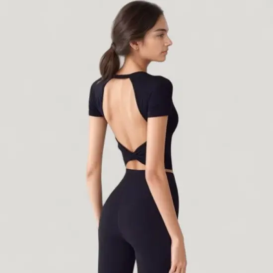 Anna-Kaci Active Women's Short Sleeve Open Back Crop Top with Twist Detail and Fitted Silhouette image {5}