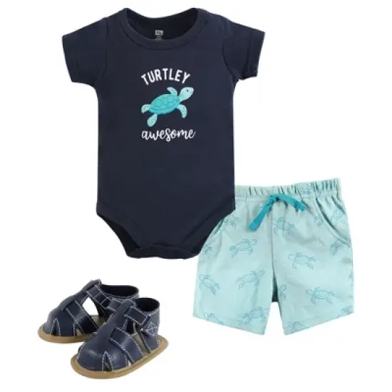 Hudson Baby Infant Boy Cotton Bodysuit, Shorts and Shoe Set, Sea Turtle image {5}