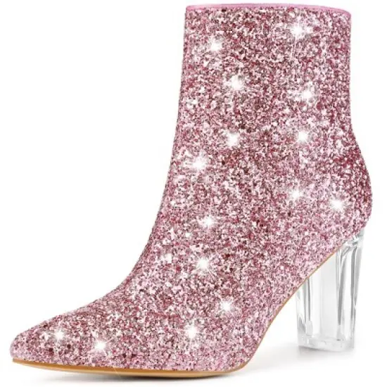 Perphy Women's Sparkly Glitter Clear Block Heels Ankle Booties image {2}